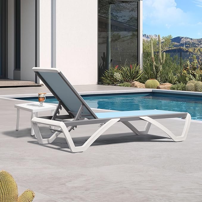 PURPLE LEAF Patio Chaise Lounge Chair Set Outside Aluminum Plastic Stackable Tanning Chairs with Side Table for Pool Sunbathing Beach Deck Outdoor Lounger, Light Blue