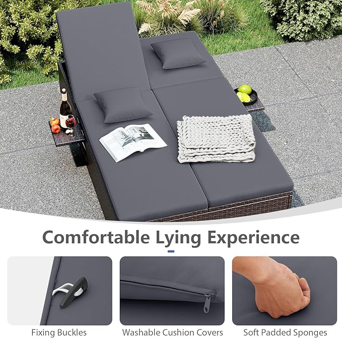 RELAX4LIFE Rattan Outdoor Patio Daybed - Wicker Double Chaise Lounge Chair w/6-Position Backrest, Folding Side Trays - Photo 6