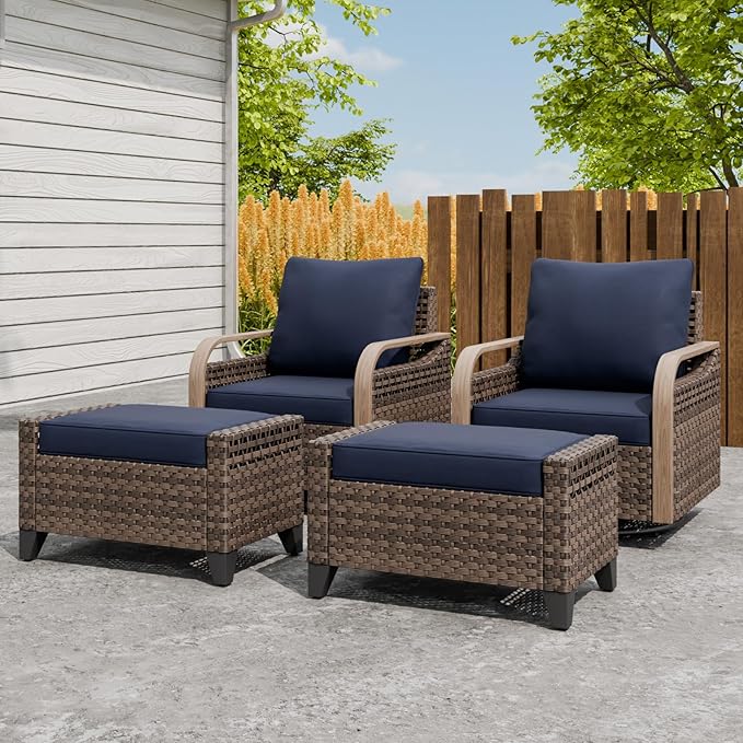 Modern Wicker Outdoor Swivel Rocking Chairs, Rattan Glider Rocker Patio Furniture for Backyard, Deck, Porch, Garden, 2 Chairs 2 Ottomans, Brown/Blue