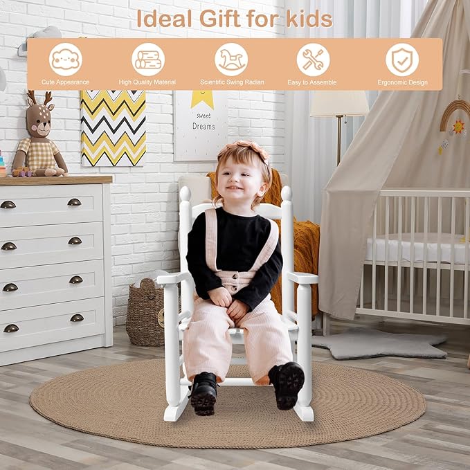 Outvita Outdoor Children's Rocking Chair, All-Weather Wooden Porch Rocker with High Backrest, Ideal for Garden, Yard, and Balcony, Patio Rocking Chair Suitable for Kids Ages 3-6(White)