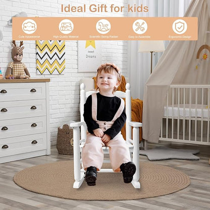 Outvita Outdoor Children's Rocking Chair, All-Weather Wooden Porch Rocker with High Backrest, Ideal for Garden, Yard, and Balcony, Patio Rocking Chair Suitable for Kids Ages 3-6(White)