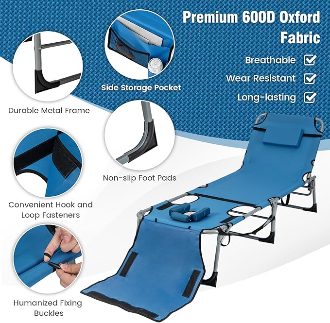 Giantex Tanning Chair, 330Lbs Patio Lounge Chair with 5 Adjustable Position, Face & Arm Hole, Hand/Shoulder Strap, Removable Pillow, Side Pocket, Chaise Lounger for Beach Sunbathing Outdoor, Blue