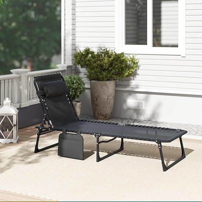 Outsunny Folding Chaise Lounge Chair, Patio Sun Tanning Chair, Outdoor Chaise Lounger with 5-Position Reclining Back, Breathable Mesh Seat for Beach, Poolside, Yard, Black