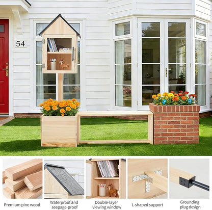 3-in-1 Outdoor Library Book Exchange Box with Bench & Planter Solid Pine Wood DIY Neighborhood Share Box Ground Mount Kit for Garden, School, Community