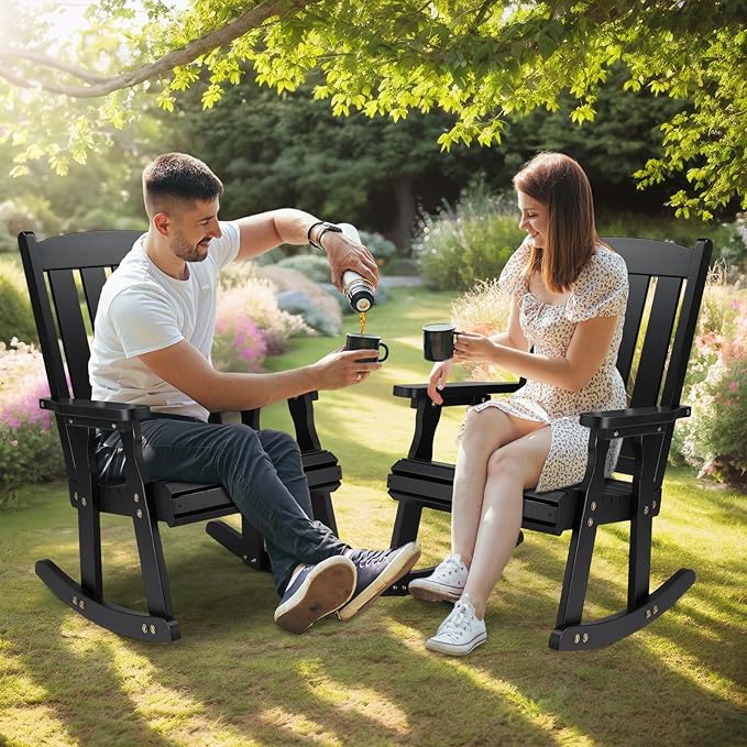 VINGLI Outdoor Rocking Chair, Heavy Duty 600 LBS Wooden Rocking Bench with Comfortable Backrest, Weatherproof Patio Rocker with Ergonomic Design, Wood Rocking Chair for Patio, Garden (Black, 1PC)
