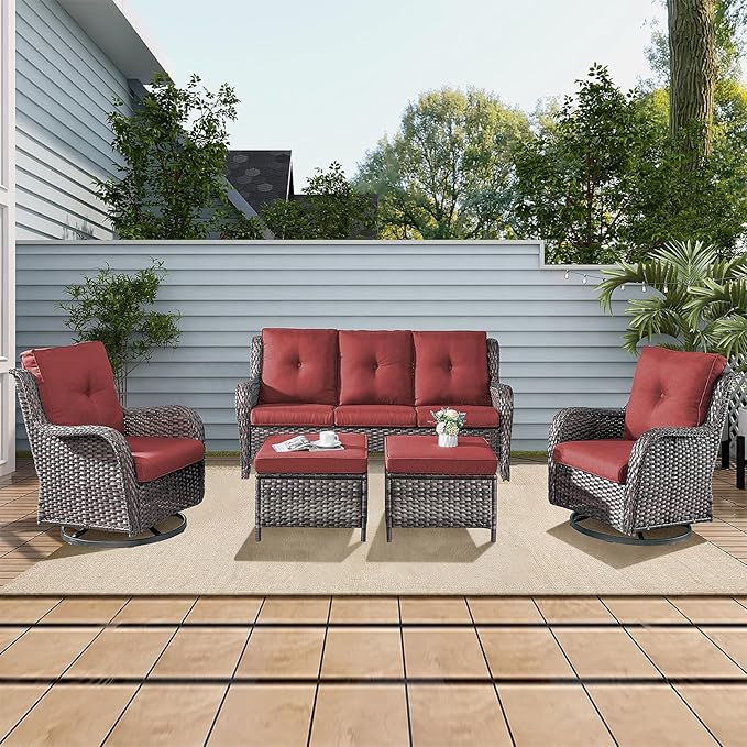 Rilyson Wicker Patio Furniture Set - 5 Piece Rattan Outdoor Sectional Conversation Sets with 2 Rocking Swivel Chairs - Photo 7