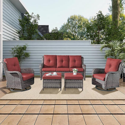 Rilyson Wicker Patio Furniture Set - 5 Piece Rattan Outdoor Sectional Conversation Sets with 2 Rocking Swivel Chairs,2 Ottomans and 1 Sofa for Porch Deck Garden(Mixed Grey/Red)