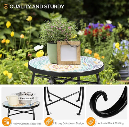 VINGLI Mosaic Accent Table, 14" Round Side Table,End Table, Plant Stand Decor for Patio Porch Beach Theme Balcony Back Deck Pool Indoor Outdoor Coffee, Metal Cobalt Glass Top Black Iron(Blue Hawaii)