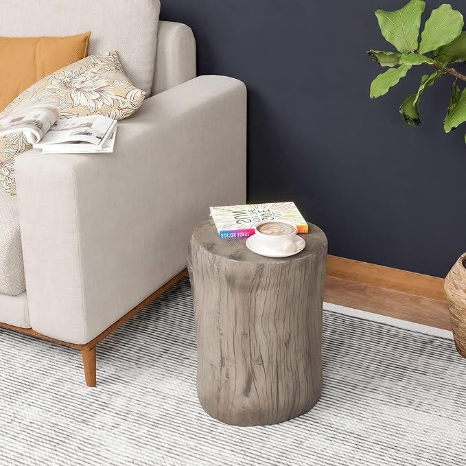 HOMPUS Concrete Outdoor Side Table Tree Stump Modern Round Coffee Table Accent Table Plant Stand Faux Wood End Table Garden Stool for Patio,Home Decor, Living Room(Light Gray)