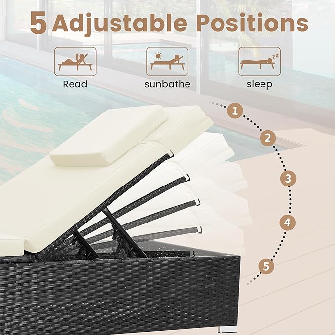 Outdoor Chaise Lounge Chairs, All-Weather Wicker Pool Lounge Chair Set of 2 with Side Table, Adjustable Backrest & Washable Cushions for Patio, Poolside, Beach, White