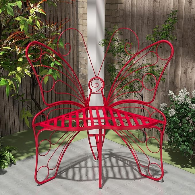 Butterfly Shaped Outdoor Bench, Garden Bench with Sturdy Stable Metal Frame, Outdoor Metal Chair Butterfly Bench for Garden, Yard, Balcony, Lawn. (Red/Small)