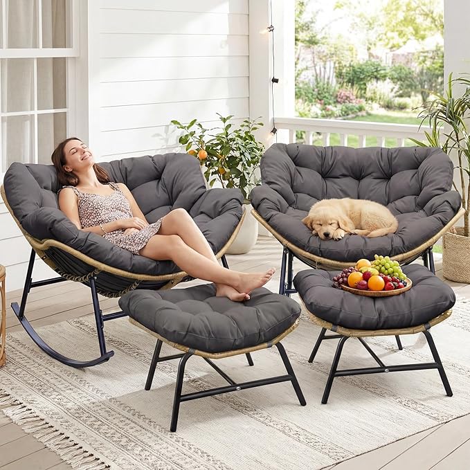 NICESOUL Outdoor Rocking Papasan Chair Set of 2 with Cushions, Comfy Oversized Padded Rockers - Photo 1