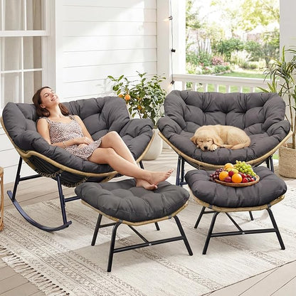 NICESOUL Outdoor Rocking Papasan Chair Set of 2 with Cushions, Comfy Oversized Padded Rockers, 2 Person Wicker Egg Gliders, 450Lbs Wide Recliner Lounge for Bedroom, Living Room, Porch, Balcony, Grey