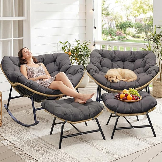 NICESOUL Outdoor Rocking Papasan Chair Set of 2 with Cushions, Comfy Oversized Padded Rockers, 2 Person Wicker Egg Gliders, 450Lbs Wide Recliner Lounge for Bedroom, Living Room, Porch, Balcony, Grey