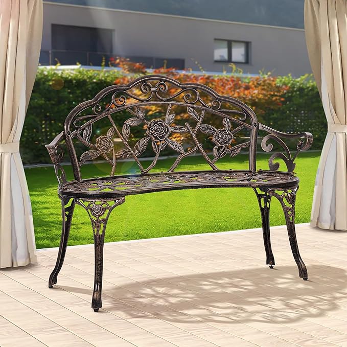 Dkeli Garden Bench Outdoor Bench Park Benches for Outdoors Metal Aluminum Porch Chair Seat Furniture Perfect for Patio Park Yard Deck Entryway, Floral Rose Accented Bronze