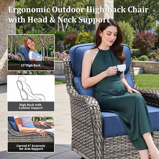 Luxury High Back Patio Furniture Set with 6-Inch Thick Cushions, 4-Pieces Outdoor Furniture with Swivel Chairs, Wicker Conversation Set for Porch, Balcony, Deck and Yard, Grey/Blue