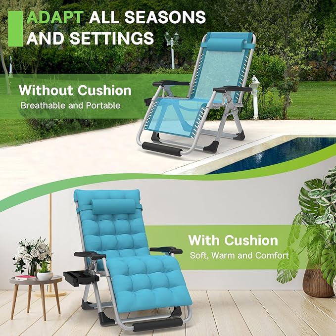 ZENPETIO 29In XL Zero Gravity Chair w/Cushion, Zero Gravity Recliner Lounge Chair for Indoor and Outdoor - Photo 5