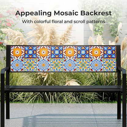 Tangkula 50" Metal Patio Park Bench, Modern Outdoor Classic Slatted Loveseat for 2-3 People with Curved Seat & Mosaic Backrest, Heavy-Duty Outdoor Seating for Backyard, Poolside, Porch