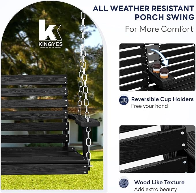 KINGYES Outdoor Patio Swing Set - 2 Seat Hanging Porch Swing with Cup Holders, Waterproof & 660LBS Weight Capacity - Photo 2
