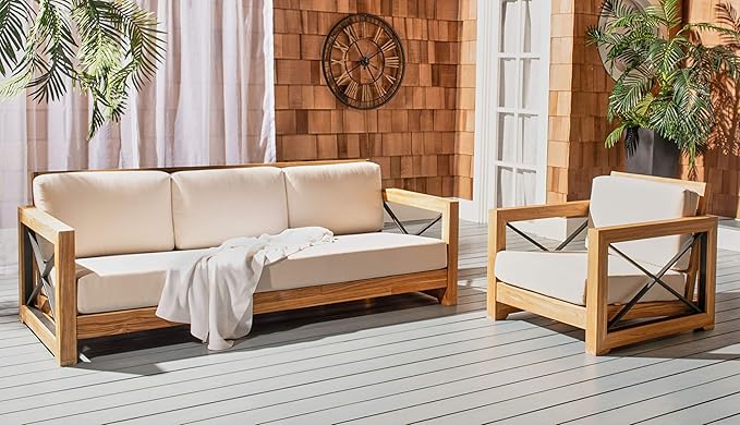 SAFAVIEH Couture Outdoor Patio Furniture Collection – Curacao 3-Seat Patio Sofa, Brazilian Teak Wood Frame with Removable White Cushions, Modern Outdoor Seating (CPT1010A)