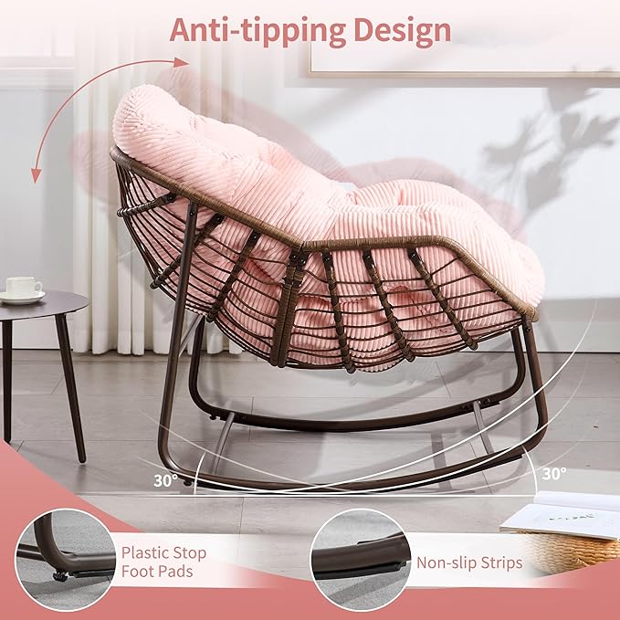 HOMEFUN Outdoor Patio Rocking Chairs, Oversized Papasan Rock Chair Indoor with Striped Velvet Padded Cushion - Rocker Egg Seat for Front Porch, Garden, Patio, Backyard Pink