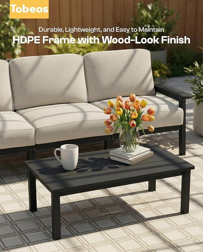 Patio Furniture Set, HDPE Outdoor Sofa Set with Beige Washable Cushions, Patio Conversation Sets for Lawn, Garden, Porch, Balcony & Deck, Durable Outdoor Sectional Furniture (Black Frame)