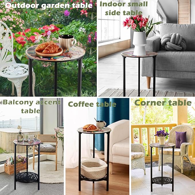 2-Tier Metal Round Side Table Black Accent Coffee Tables Small Space Corner Plant Stand Shelf for Indoor Outdoor Use - Photo 7