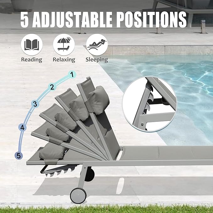 Domi Outdoor Patio Chaise Lounge Set of 3, Aluminum Pool Lounge Chairs with Side Table and Wheels, Textilene Padded Adjustable Recliner All Weather for Poolside, Beach, Yard, Balcony (Gray)