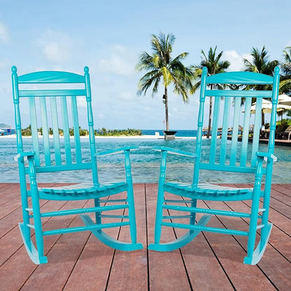 Outdoor Rocking Chairs Set of 2 Rocking Camping Chair Patio Rocker Poly Wooden Extensive Large High Back 350lbs Weather Proof Lawn Chair Arm for Porch Yard Balcony Indoor Outdoor Blue