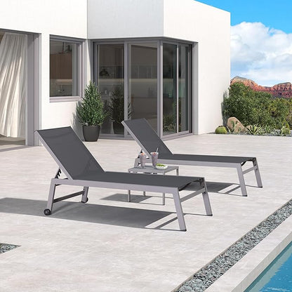 PURPLE LEAF Outdoor Chaise Lounge Set for 2 Oversized Pool Lounge Chairs with Easy-to-Move Wheels and Adjustable Backrest Extra Large Patio Loungers for Poolside Deck Beach Yard Table Included, Grey