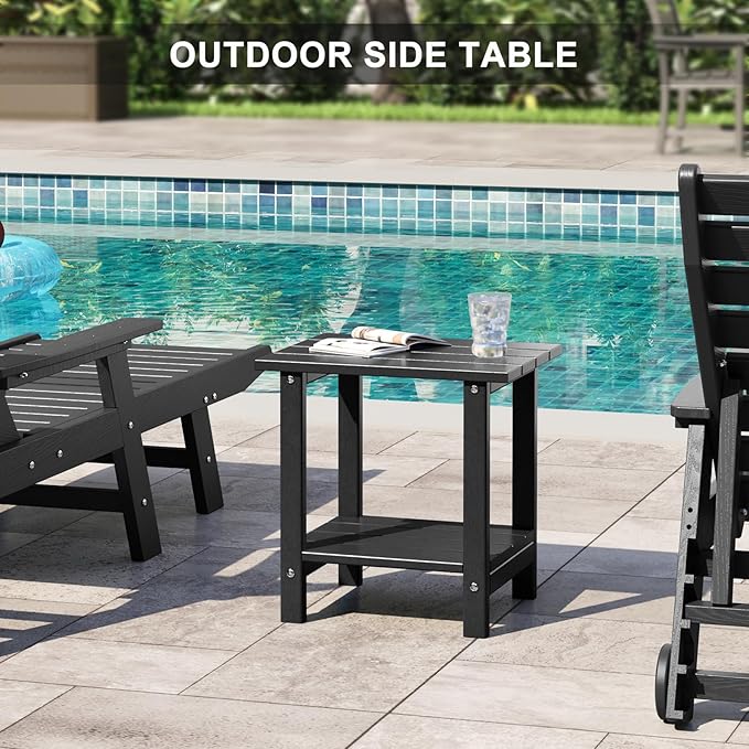 Adirondack Outdoor Side Table, 16.6" Small Patio End Table, 2-Tier HDPE Plastic Table for Poolside Porch Garden, Weather Resistant & Easy Assembly (Black, Rectangle)