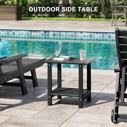 Adirondack Outdoor Side Table, 16.6" Small Patio End Table, 2-Tier HDPE Plastic Table for Poolside Porch Garden, Weather Resistant & Easy Assembly (Black, Rectangle)