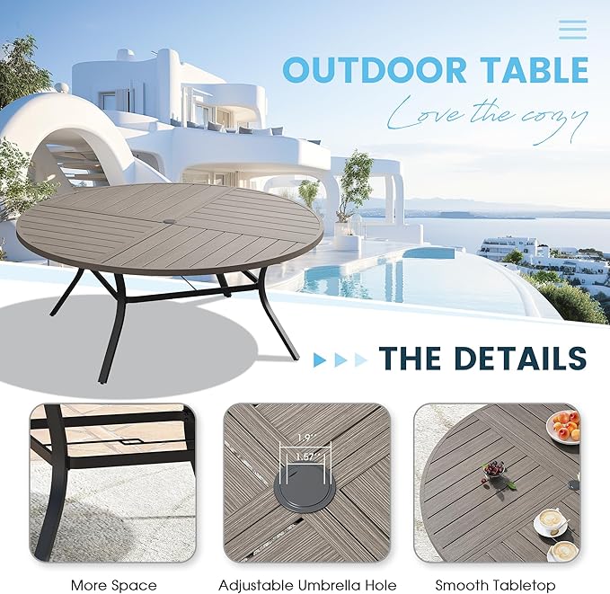 Patio Dining Table for 8-10, Round Metal Outdoor Table with Storage Shelf, 1.57" Umbrella Hole, 60" Outdoor Quartered Tabletop Dining Table for Backyard, Porch, Lawn, Grey