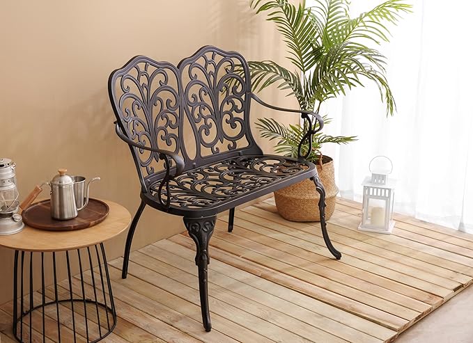 espidoo Cast Aluminum Patio Bench: Weatherproof Rose Garden Bench - 34.6" Outdoor Seating for Patio & Backyard - Durable Black Metal Bench with Floral Design