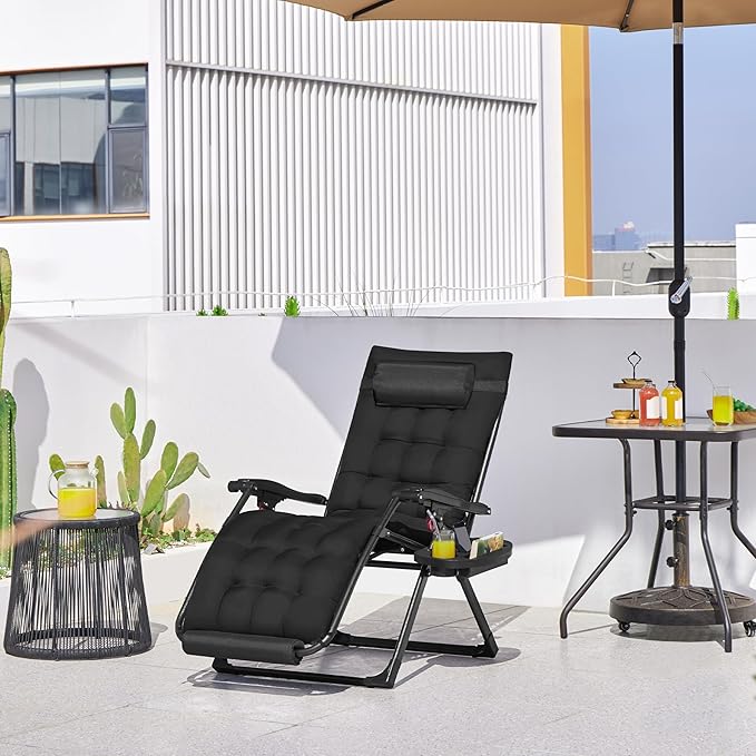 Yaheetech 29" Zero Gravity Chair Folding Reclining Lounge Recliner with Removable Pad & Headrest & Side Cup Holder Tray for Indoor and Outdoor Black/1