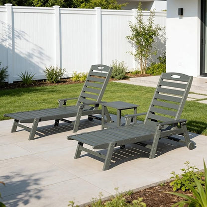 Domi Pool Lounge Chairs Set of 2 with Table, HDPE Outdoor Chaise Lounge Chairs for Outside, Pool Loungers for Poolside, Patio, Sunbathing Tanning, Grey