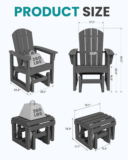 SERWALL Outdoor Glider Chair Set of 4 with Ottoman, HDPE Wood-Like Patio Glider Set All-Weather Porch Glider for Outside, Gray