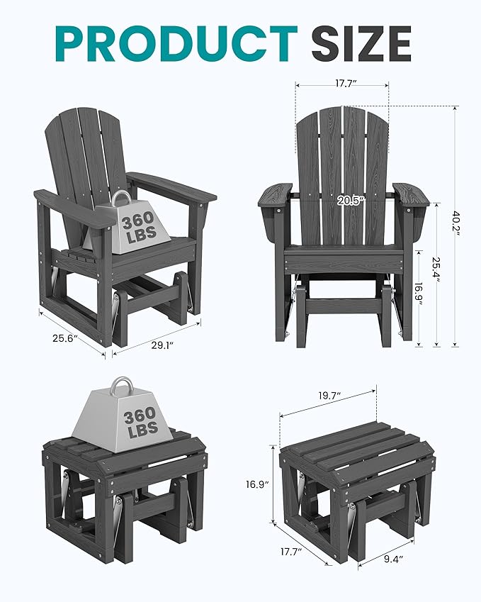 SERWALL Outdoor Glider Chair Set of 2 with Ottoman, HDPE Wood-Like Patio Glider Set All-Weather Porch Glider for Outside - Photo 2