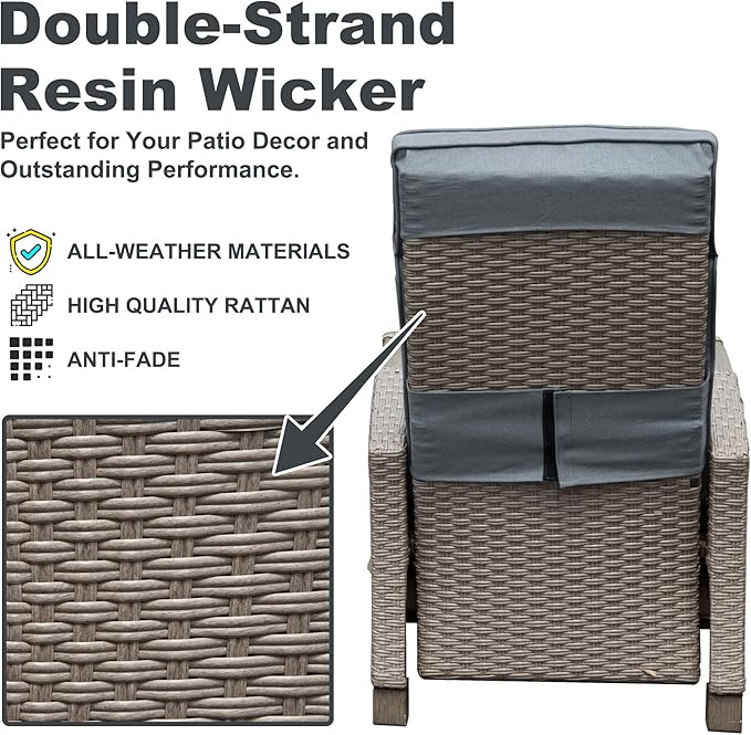 Domi Outdoor Recliner Chair, Patio Recliner with Hand-Woven Wicker, Flip Table Push Back, Adjustable Angle, Thickness Cushions, Reclining Lounge Chair for Indoor & Outdoor Use, Grey