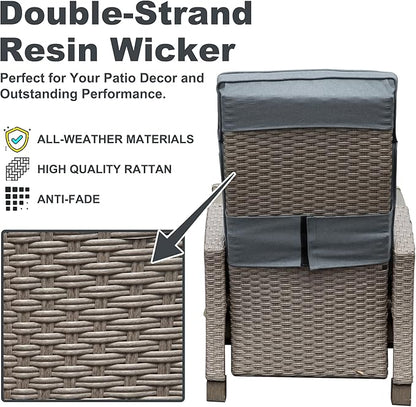 Domi Outdoor Recliner Chair, Patio Recliner with Hand-Woven Wicker, Flip Table Push Back, Adjustable Angle, Thickness Cushions, Reclining Lounge Chair for Indoor & Outdoor Use, Grey