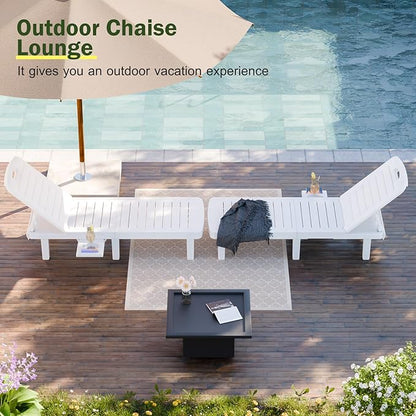 CDCASA Outdoor Chaise Lounge Set of 4, Pool Lounge Chairs w/5 Adjustable Positions & Side Tray, Waterproof Resin Lounges for Poolside,Yard,Garden,Sunbathing, for All Weather, White