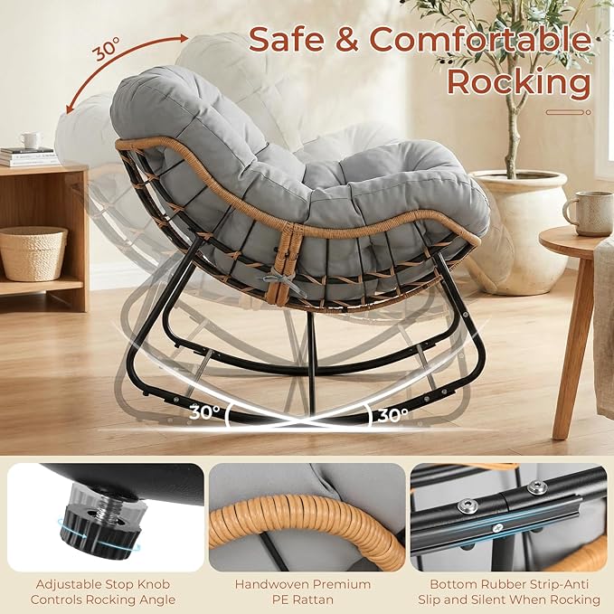TLSUNNY Outdoor Papasan Rocking Chair, Oversized Padded Lounge Rocker with Cushion, Comfy Wicker Egg Lounge Chair, Large Indoor Rocking Recliner for Living Room/Porch/Garden (Grey)