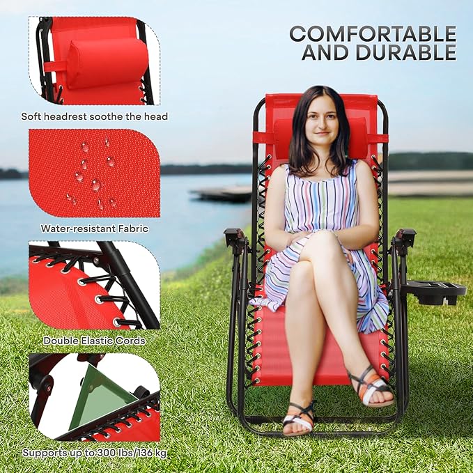 AthAthena Collection Zero Gravity Chair, Outdoor Lounge Chair with Adjustable Pillow and Cup Holder, Reclining Camping Chair for Outside Beach Lawn Garden Patio Poolside - Red