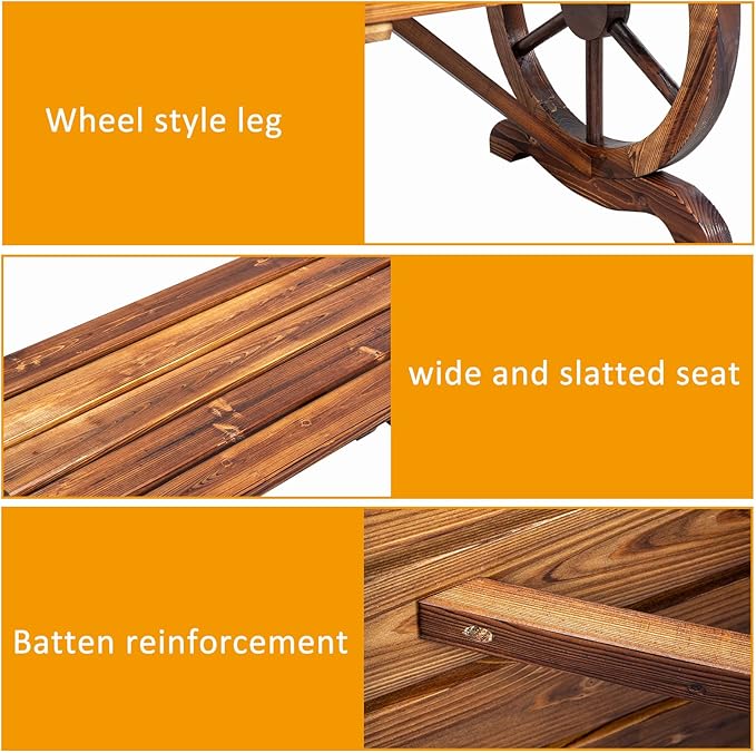 Outvita Rustic Wooden Bench, 2-Person Outdoor Wagon Wheel Bench w/Rustic Country Design for Garden Porch Patio Lawn Yard Park Indoor and Ourdoor Decor