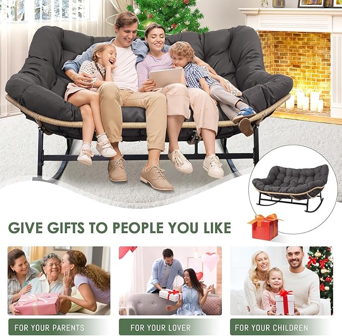 RADIATA Oversized Double Papasan Rocking Chair, Extra Large Recliner Glider with Cozy Cushion, 2 Person Egg Lounger Chairs, PE Wicker Big Loveseat for Indoor Outdoor Porch Patio, Dark Grey