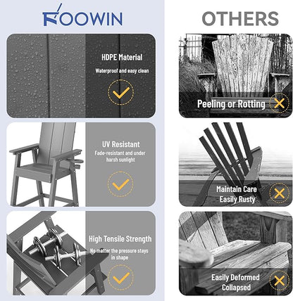 FOOWIN Tall Adirondack Chairs Set of 8,HDPE Adirondack Bar Stools with Connecting Tray & Cup Holders,Weather Resistant Balcony Chair for Outdoor Deck Lawn Pool Backyard Grey