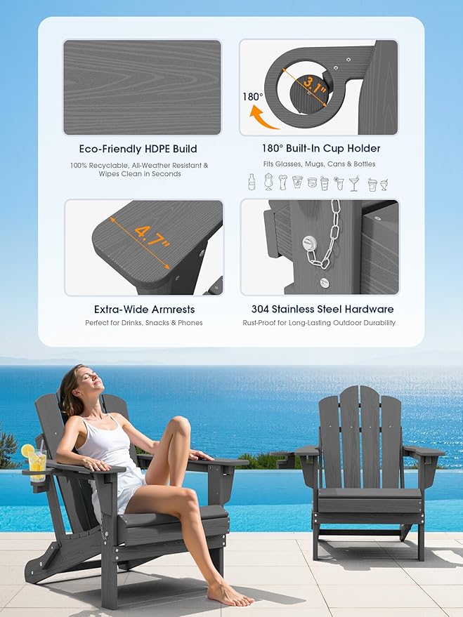 KINGYES Folding Adjustable Adirondack Chair, All Weather Resistant Reclining Adirondack Chair with Cup Holder - Photo 6