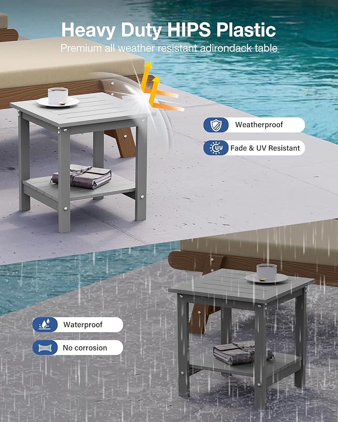YEFU Outdoor Side Table for Patio: 16x16 in HIPS Small Square Outdoor End Table - 2-Tier Adirondack Tables for Patio Porch Poolside Living Room Beach Bedroom, Grey