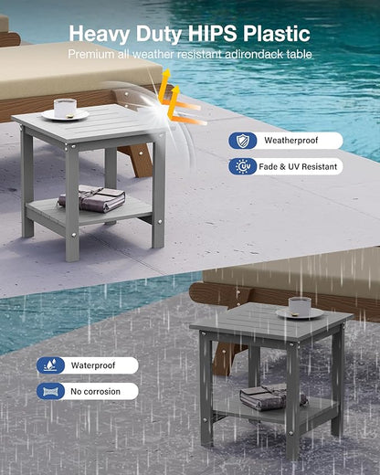 YEFU Outdoor Side Table for Patio: 16x16 in HIPS Small Square Outdoor End Table - 2-Tier Adirondack Tables for Patio Porch Poolside Living Room Beach Bedroom, Grey