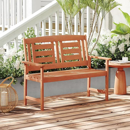 Tangkula Patio Wood Bench, Garden Armrest Loveseat with Inclined Backrest, Wood Grain, Teak Oil Finish, Outdoor 2-Person Bench for Front Porch, Garden, Backyard, Balcony